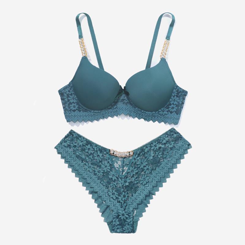 Elegant Rhinestone Lace Bra Set with Metal Chain Straps, Off-Shoulder Push-Up B Cup
