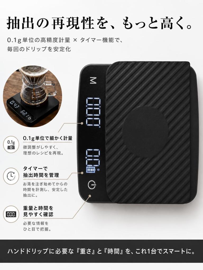 [SYOKI] Coffee Scale, 0.1g High Precision, with Timer, Type-C Rechargeable, Black