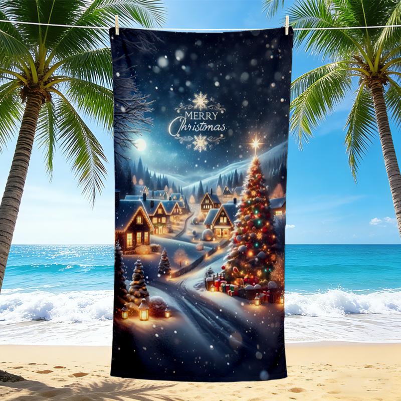 1Pc Christmas Night Scene Beach Towel, Quick Dry, Multi-Use for Beach Pool Gym Yoga Home Travel, Christmas, Halloween, Xmas Gift S365