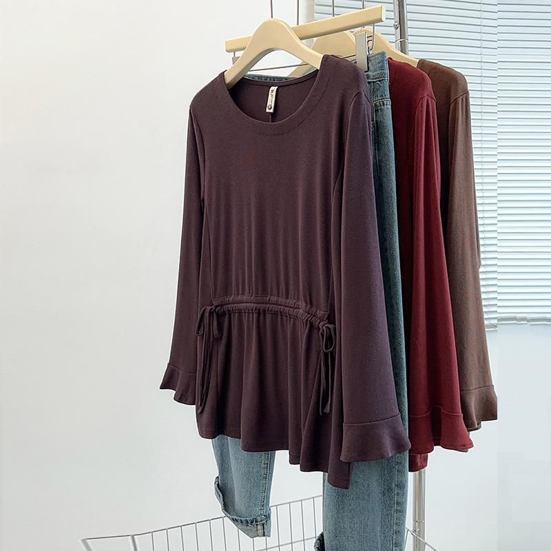 Plus Size Autumn Round Neck Ribbed Pullover Base Layer for Women - Slimming & Versatile