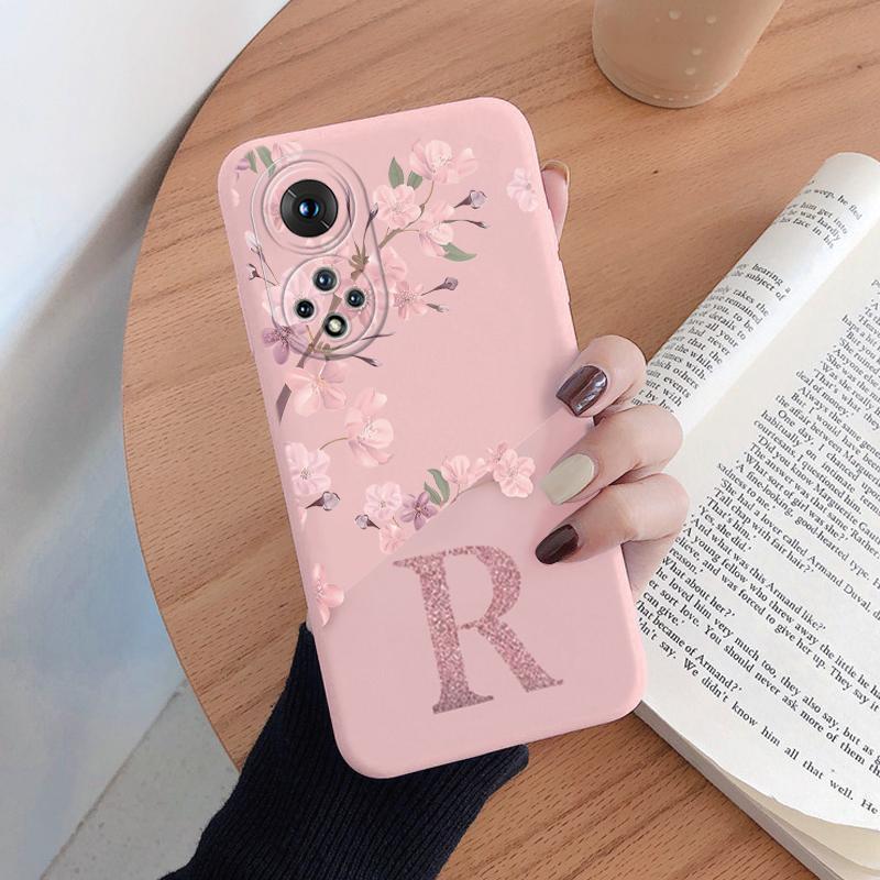Initial Letter Silicone Case For Huawei Nova 9 Honor 50 Shell Retro Pink Flower Soft TPU Back Cover For Honor 50 Nova9 Capa