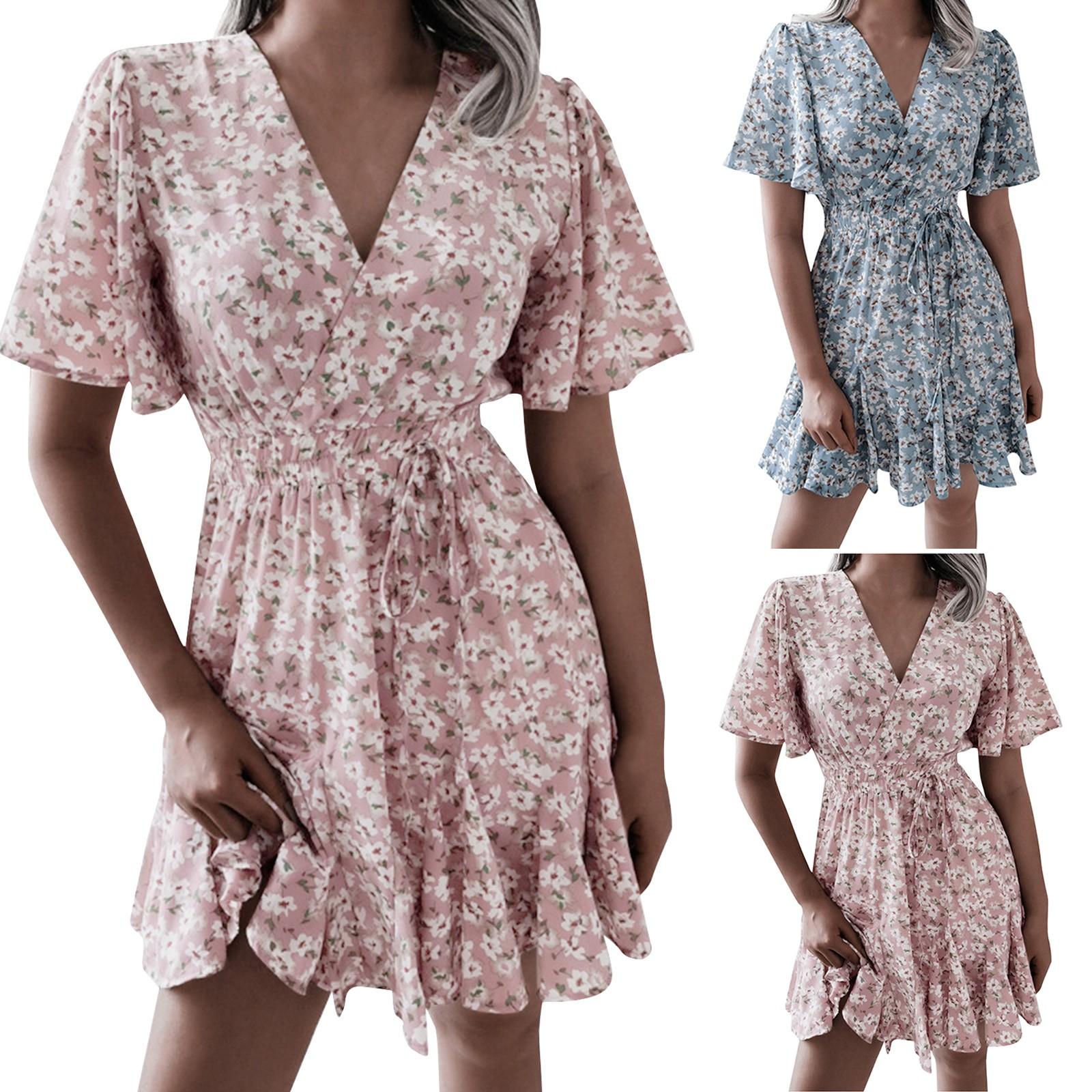 

Женская мода Лето Новый цветочный принт V-образный вырез с коротким рукавом Шифон Сексуальное повседневное платье