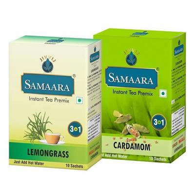 Samaara Instant-Tee-Premix-Beutel | Zitronengras | Kardamom Elaichi | Aromatisierter Assam-Schwarztee-Pulver | 20 Beutel Schachtel 300g