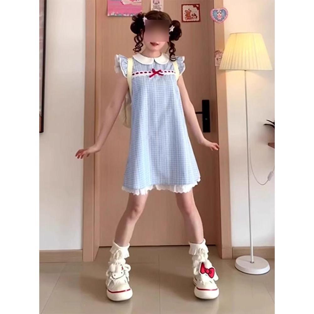 

Кукольный воротник, маленький рукав-крылышко, клетчатое платье, женское, летнее, в студенческом стиле, милое платье принцессы первой любви, маленькая свободная юбка XL- (recommended 110-60kg)