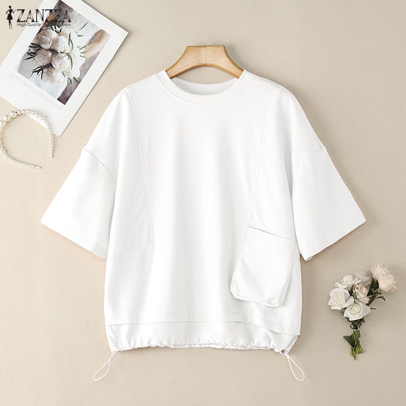 ZANZEA Women Casual Round Neck Summer Short Sleeve Blouse