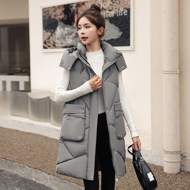 Women's Casual Long Down Cotton Vest Windproof Parka Hooded Overcoat Cold Warm Waistcoat