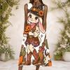 Women Plus Size Round Neck Sleeveless Cartoon Llama Printed A Line Maxi Dress With Side Pockets