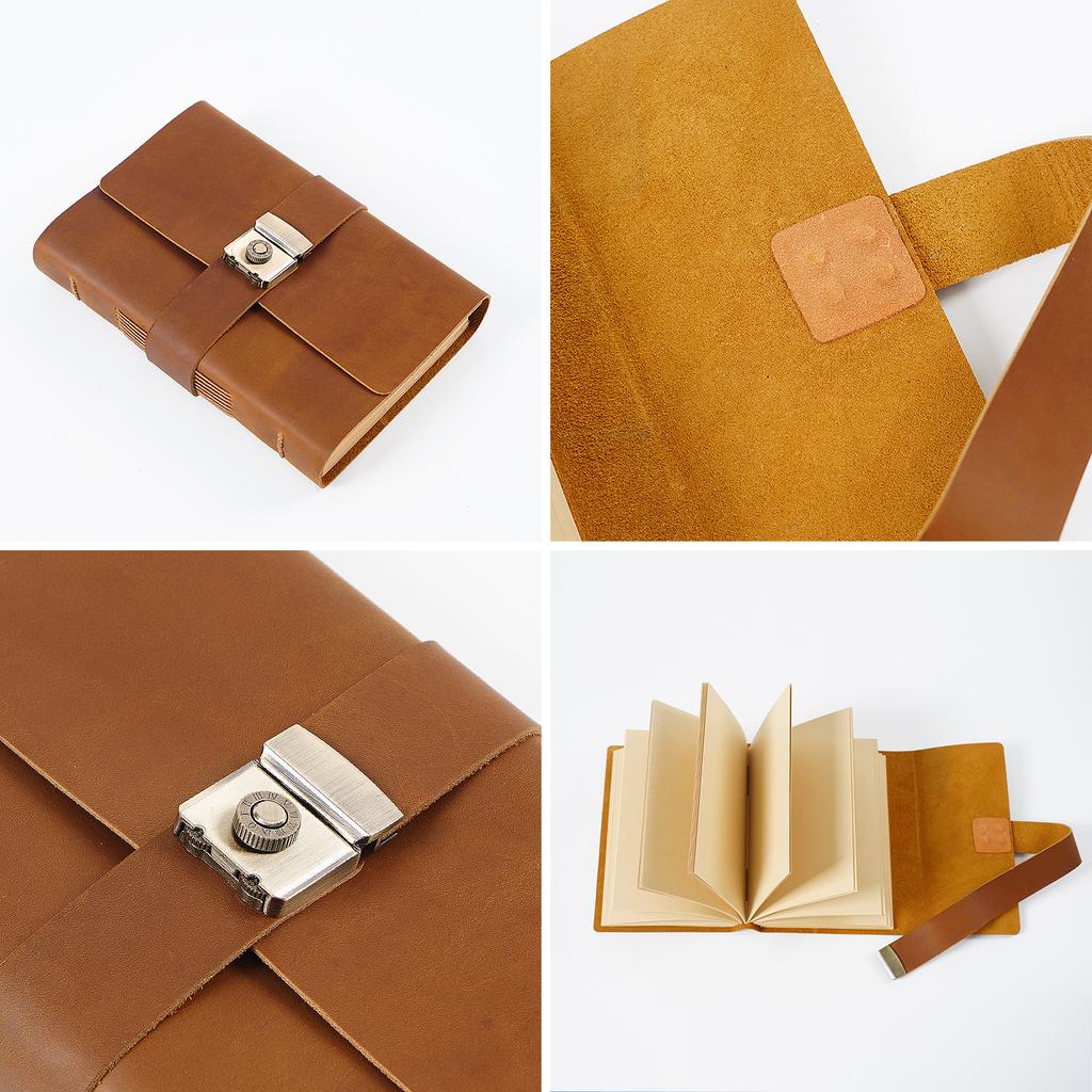 AIGUONIU Retro Handmade Genuine Leather Notebook A7 Hardcover Size with Password Lock Sketchbook for Men and Women