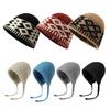 Women Retro Knitted Hat Winter Warm Rhombus Pattern Hat Big Head Sized No Brim Hat for Daily Outings Parties Dating