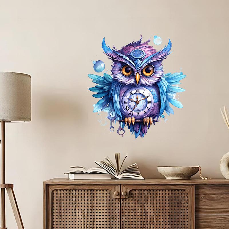 Printed Owl Clock Wall Sticker Self Adhesive Decoration for Refrigerator Door Corridor Entrance Background Home Room Decor