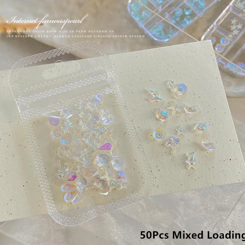 50Pcs Ocean Series Glossy Colorful Shell Starfish Conch Fishtail Resin Nail Art Rhinestones Jewel Decorations Manicure Ornament