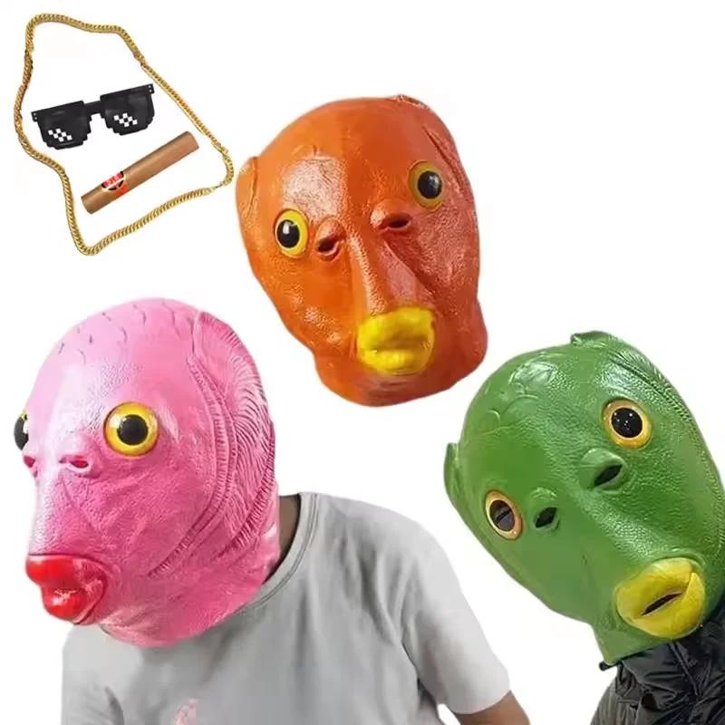Cute and Funny Halloween Green Fish Head Red Fish Head Funny Cosplay Costume Mask Adult Carnival Party Fish Head Mask Latex