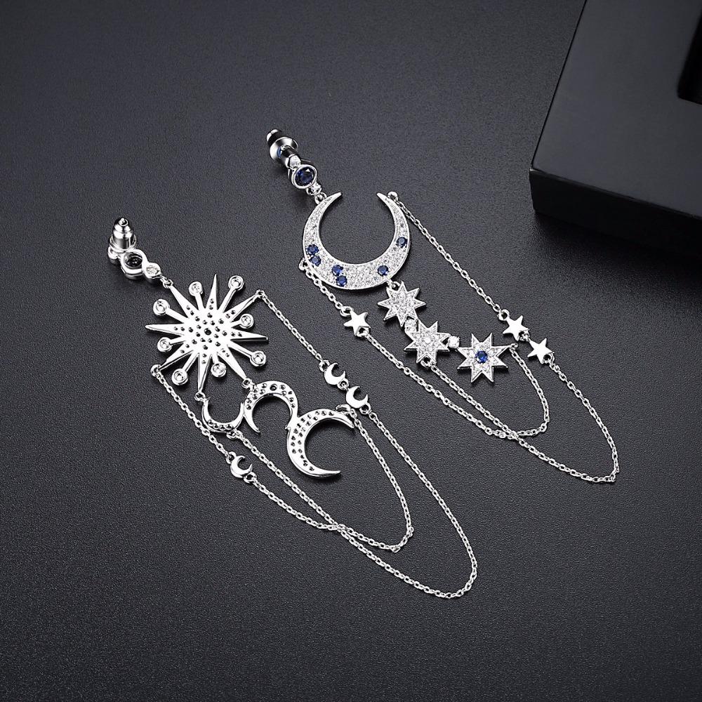 LUOTEEMI Brand New Authentic Crescent Half Moon & Star Dazzling Blue CZ Tassel Chains Drop Earrings for Women Jewellery Bijoux