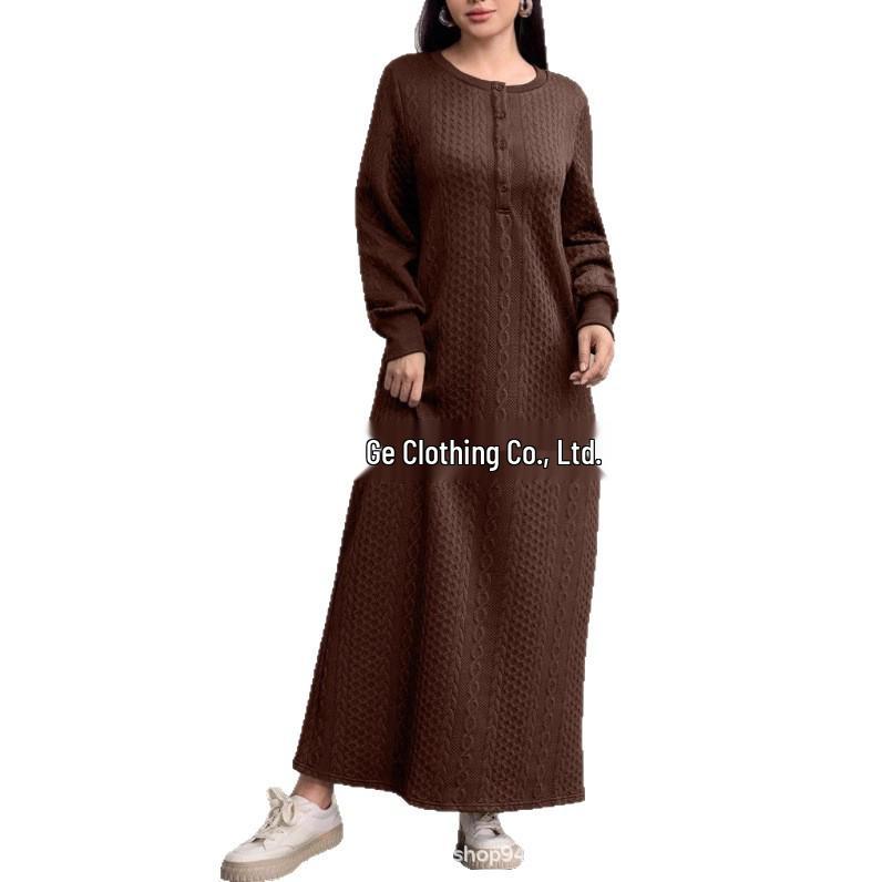 

2025 Women s Casual Textured Fabric Round Neck Loose Long Sport Shirt Medium кавовий