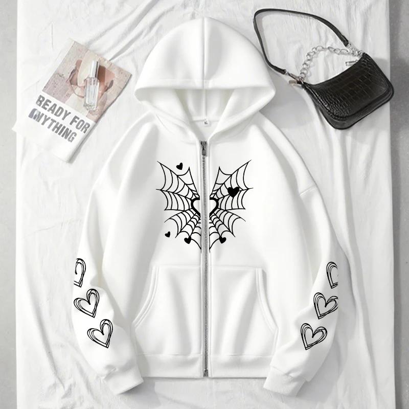 2025 Hot Sale Women's Hoodie Cute Spider Web Heart Print Zip-up Sweatshirt Fall Winter Female Urban Casual Fashion Hooded Jacket
