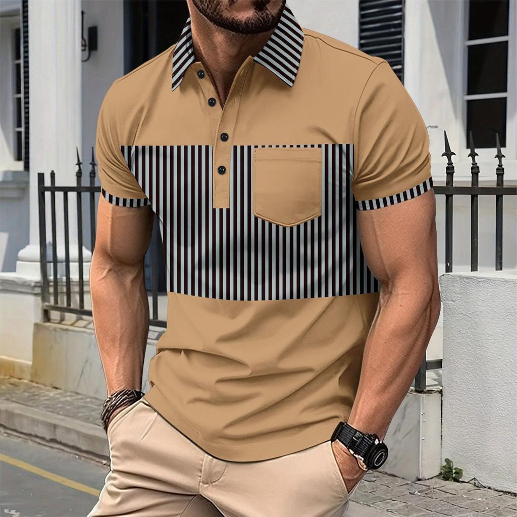 New men's casual POLO shirt pockets buttons long placket lapel striped matching colour splicing T-shirt tops
