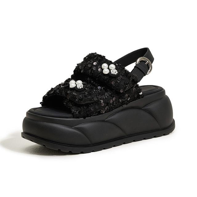 7,5 cm Syntetiska Dam Casual Höga Märkes Peep Toe Skor Mode Tofflor Platå Kil Sandaler 2024 Sommar Bling Ihåliga