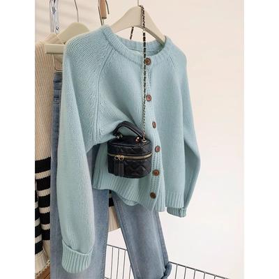 Light Blue Sweater Jacket Women's Autumn and Winter New Loose Small Lazy Wind Knitted Cardigan