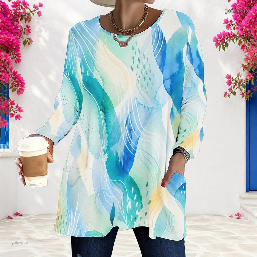 Women Plus Size Beige Brown Yellow Tie Dye Printed Round Neck Long Sleeve Loose T Shirt With Pockets