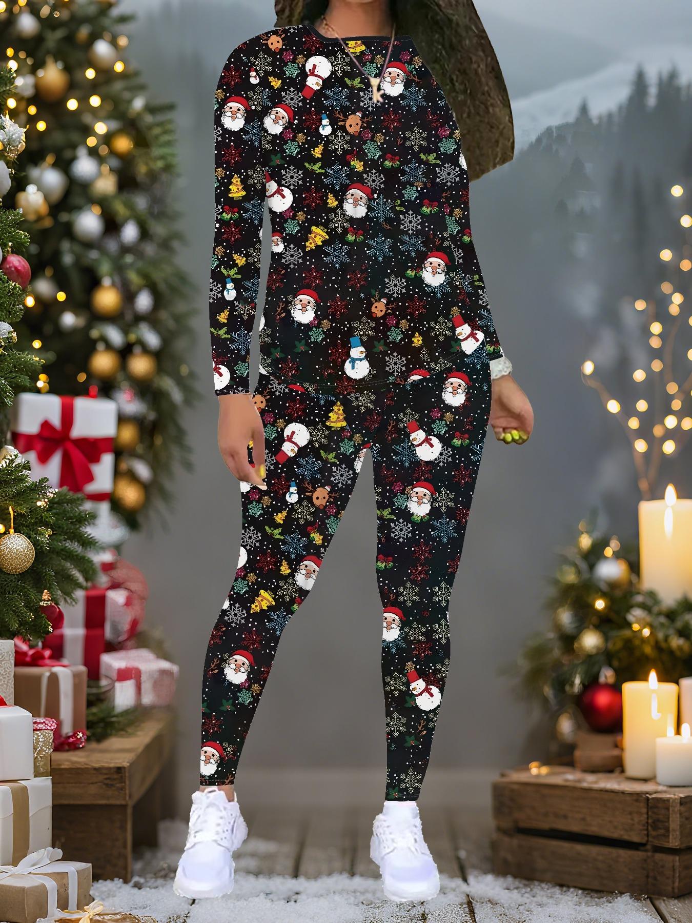 

Женский рождественский костюм-двойка с принтом: Топ с длинным рукавом и круглым вырезом и брюки, праздничный лимитированный повседневный костюм для вечеринки в подарок XXL красный