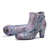 Johnature Women's High Heel Boots Handmade Genuine Leather Splicing Printed Thick Heel Short Boots