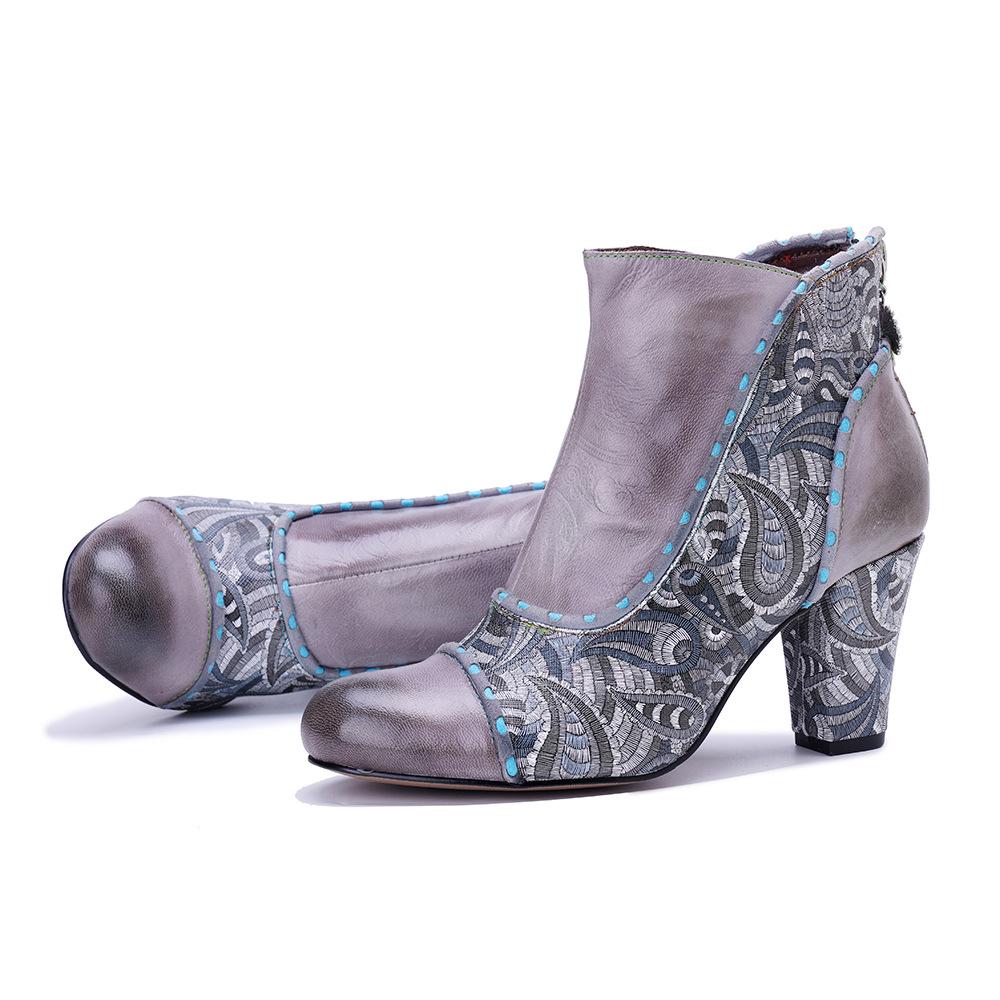Johnature Women's High Heel Boots Handmade Genuine Leather Splicing Printed Thick Heel Short Boots