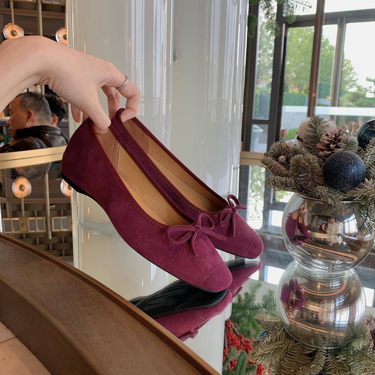 

Sheepskin version temperament round head single shoes women s shallow mouth bow soft surface flat ballet shoes 40