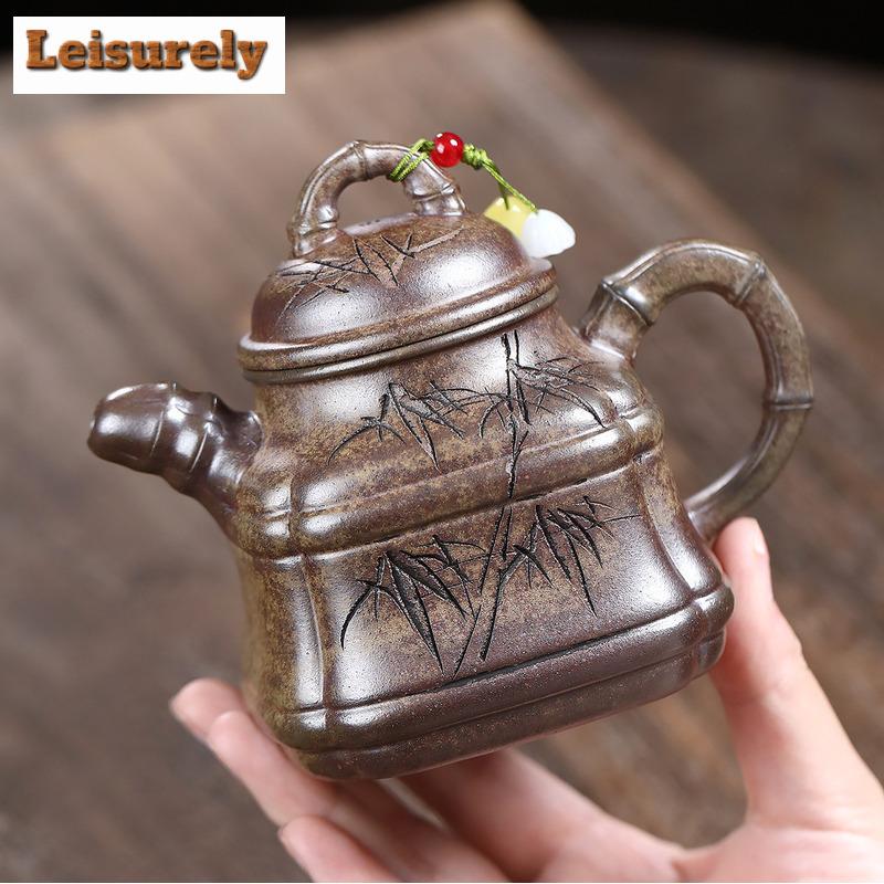 300ml Yixing Purple Clay Teapots Handmade Bamboo Tripod Pot Raw Ore Wood-fired Porcelain Mud Kettle With Filter Zisha Tea Set