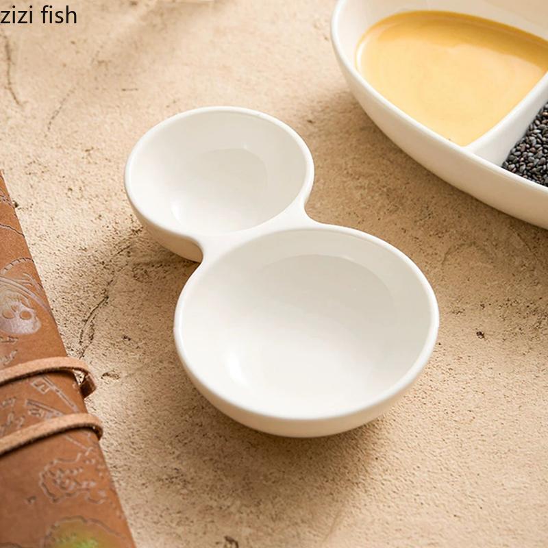 Pure White Ceramic Double Grid Plate Sauce Vinegar Seasoning Plate Appetizer Plate Snack Plates Restaurant Creative Tableware