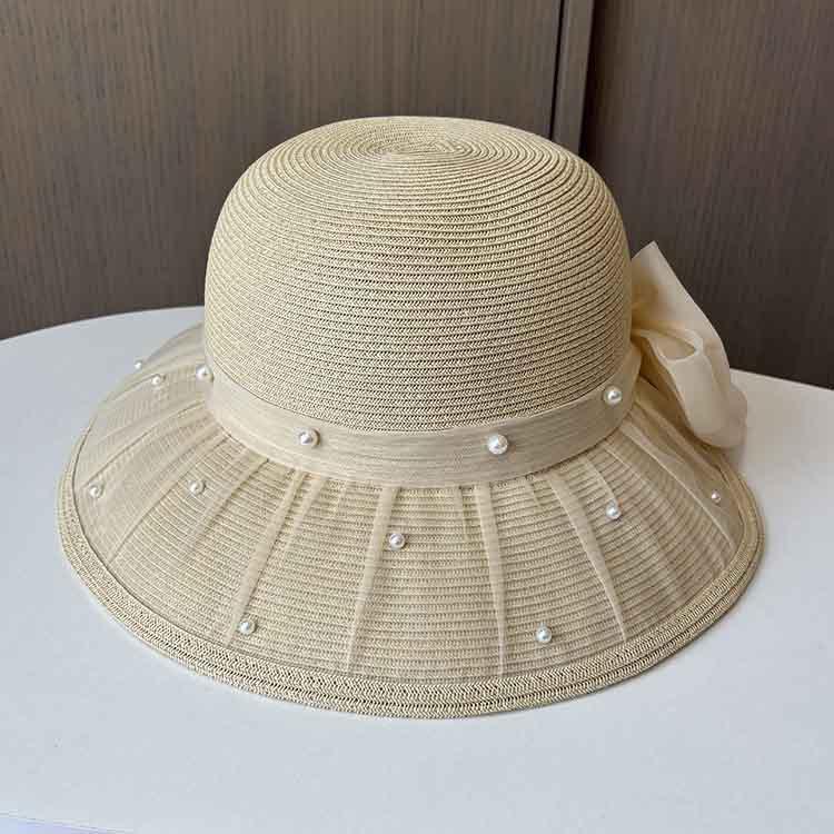 Lace Bead Split Bow Straw Hat Women's Summer Elegant Basin Hat Big Along Beach Sun Hat