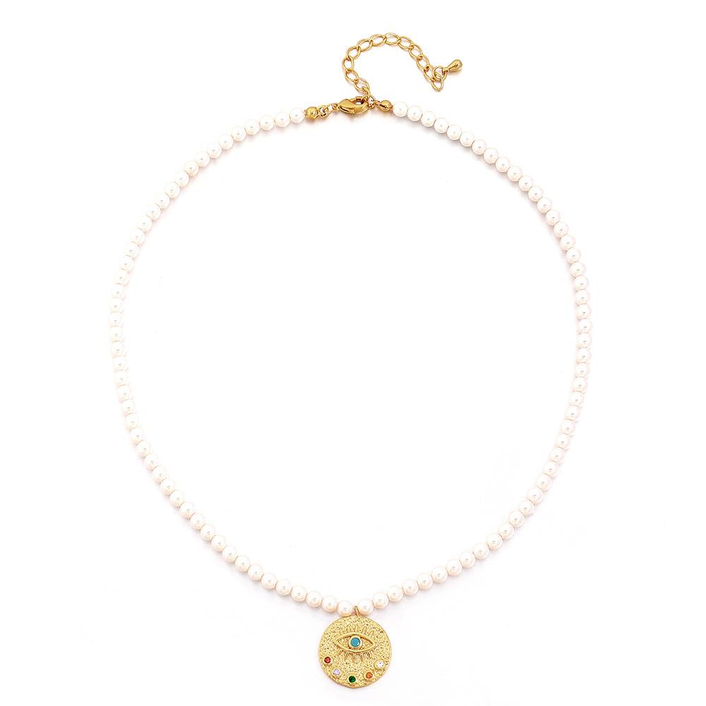GEMCHIC Women s Retro Multi-Layer Glass Pearl Necklace with Evil Eye Pendant and Mixed Color Beads