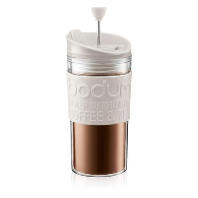 BODUM Kaffeemaschine Kaffeepresse TRAVEL PRESS SET Tragbare Kaffeemaschine 350 ml, cremefarbener Kunststoff, Doppelstruktur, Thermo-Immersionstyp, French Press