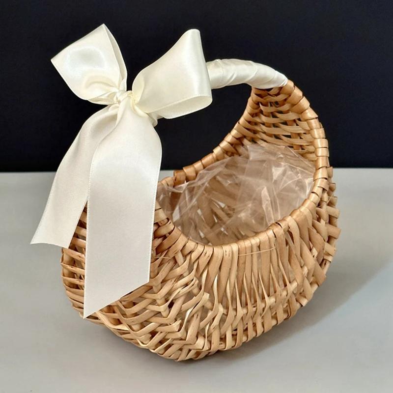 Bohemian Wicker Flower Basket with Handle & Waterproof Lining, Compact Lightweight Multifunctional Basket for Wedding Home Decor