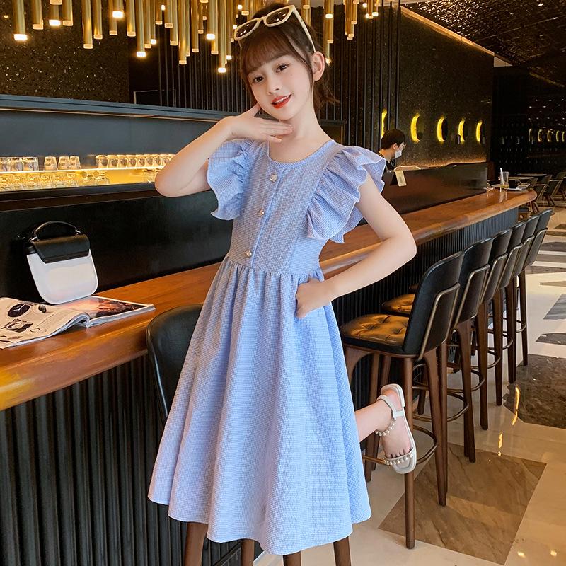 Children's New Summer Cotton Pastoral Style Dress Plaid Fragrance Style Flying Sleeves and Flying Edge Princess Long Skirt
