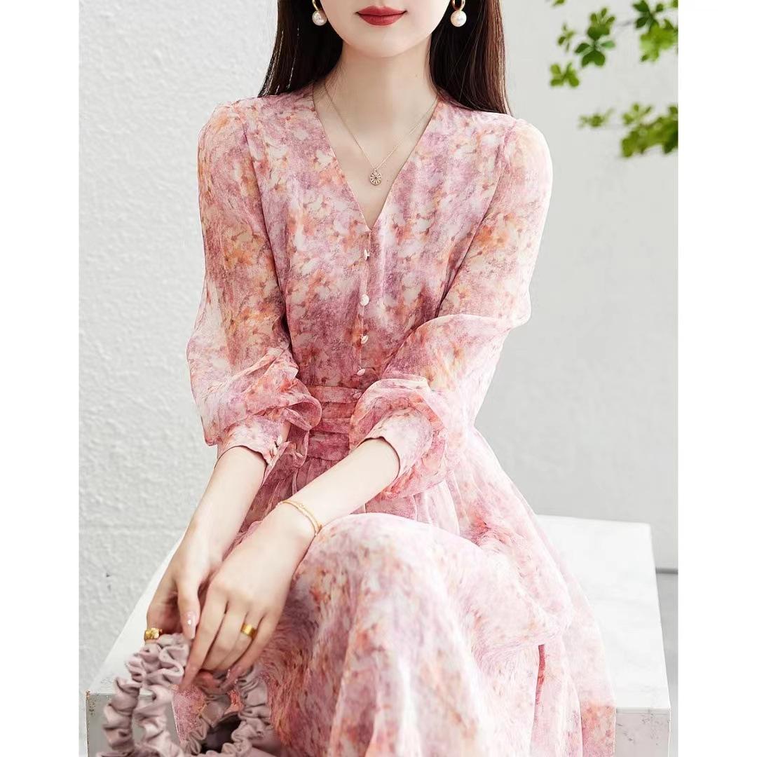 

Платье с цветочным принтом Sweet Mushroom Buckle, весеннее новое платье с V-образным вырезом и рукавами-фонариками на талии, длинное женское L розовый