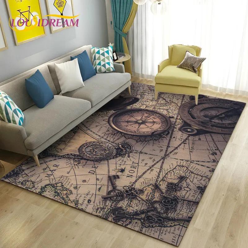 Alfombra retro con diseño de mapa del mundo vintage y brújula, para sala de estar, dormitorio, sofá, decoración, alfombra antideslizante para el suelo