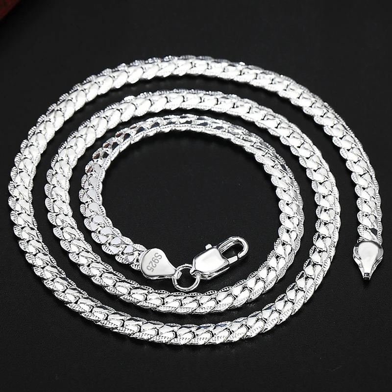 

925 Sterling Silver 18-24 Inch 18k Gold 6mm Full Sideways Chain Necklace For Women Man Fashion Jewelry Charm Necklace Gift 45cm серебряный