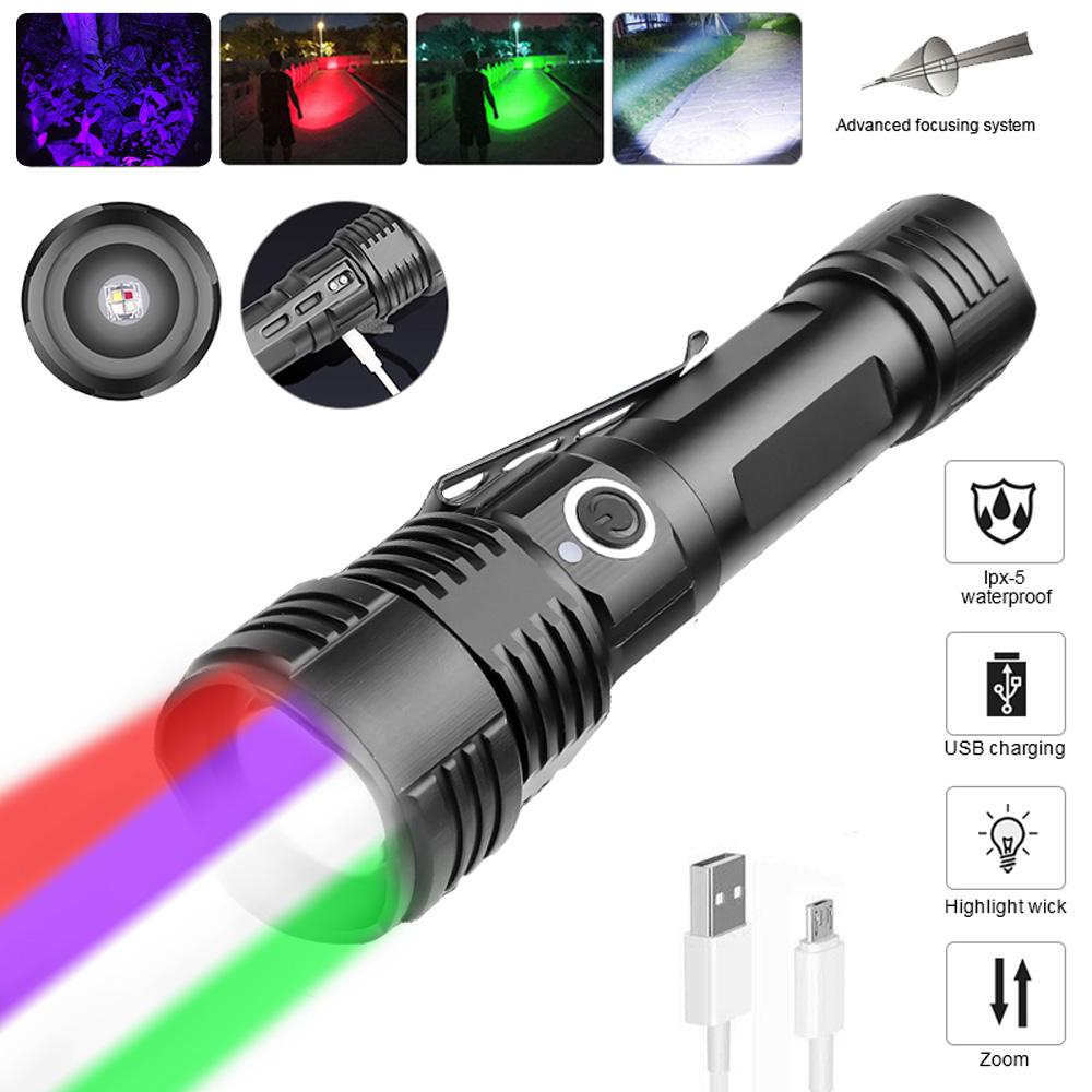 Tactical Flashlight Zoomable Red/Green/UV/White Powerful Torch USB Rechargeable Hunting Torch Professional Night Scout Lights