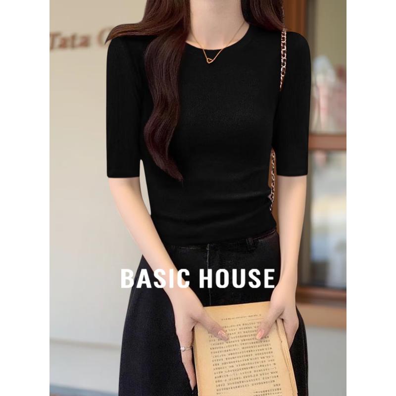 Basic House Women s Slim Fit Round Neck Short Sleeve Knit Top 2XL