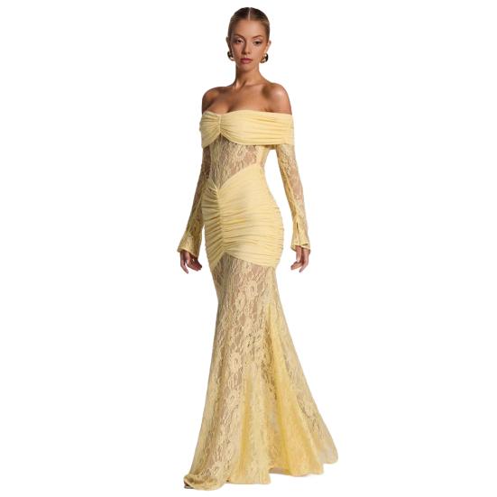 Dámské maxi šaty s odhalenými rameny a dlouhým rukávem, květinová krajka, průsvitná síťovina, řasené bodycon šaty, sexy formální večerní párty, svatební host