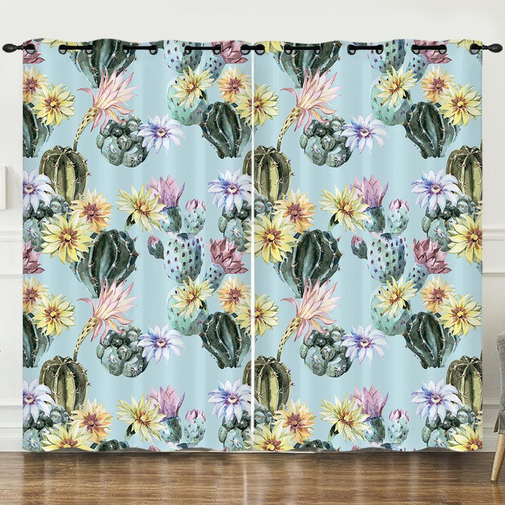 Curtains Fresh Green Plants Hand-Painted Cactus 3D Digital Printing Blackout Curtain Punching