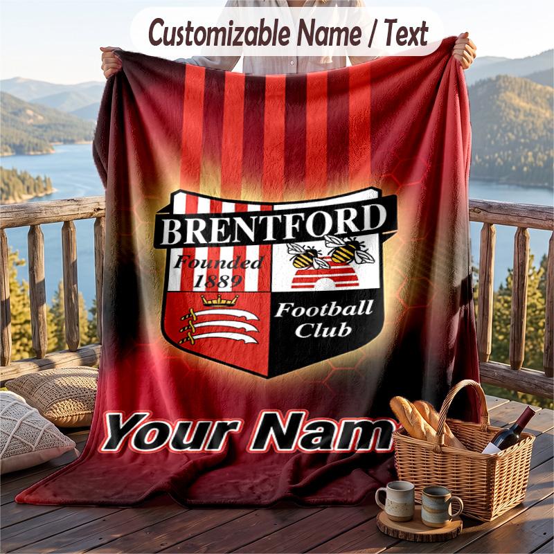Flannel Blanket Brentford Football Print Custom Name Text Soft Throw for Sofa Bed