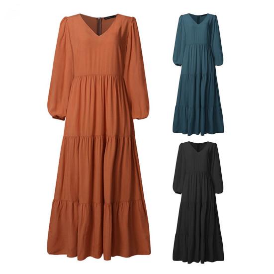 V Neck Puff Long Sleeve Waist Tight High-Waist A-Line Elegant Dress Autumn Solid