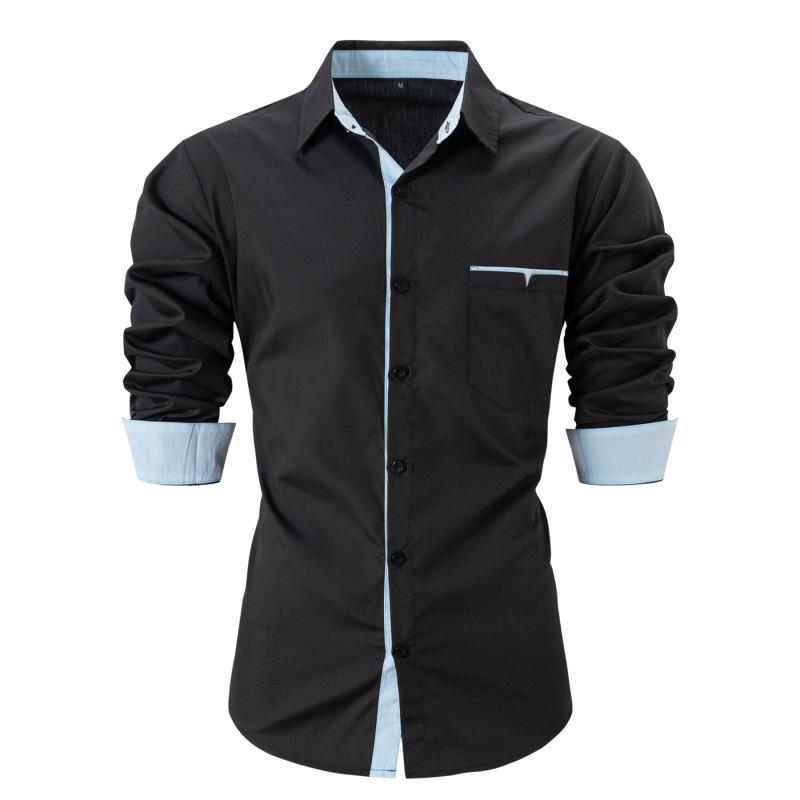 Men's Chest Pocket Long Sleeve Business Shirt Stand-up Collar Casual Color Block Long Sleeve Shirt