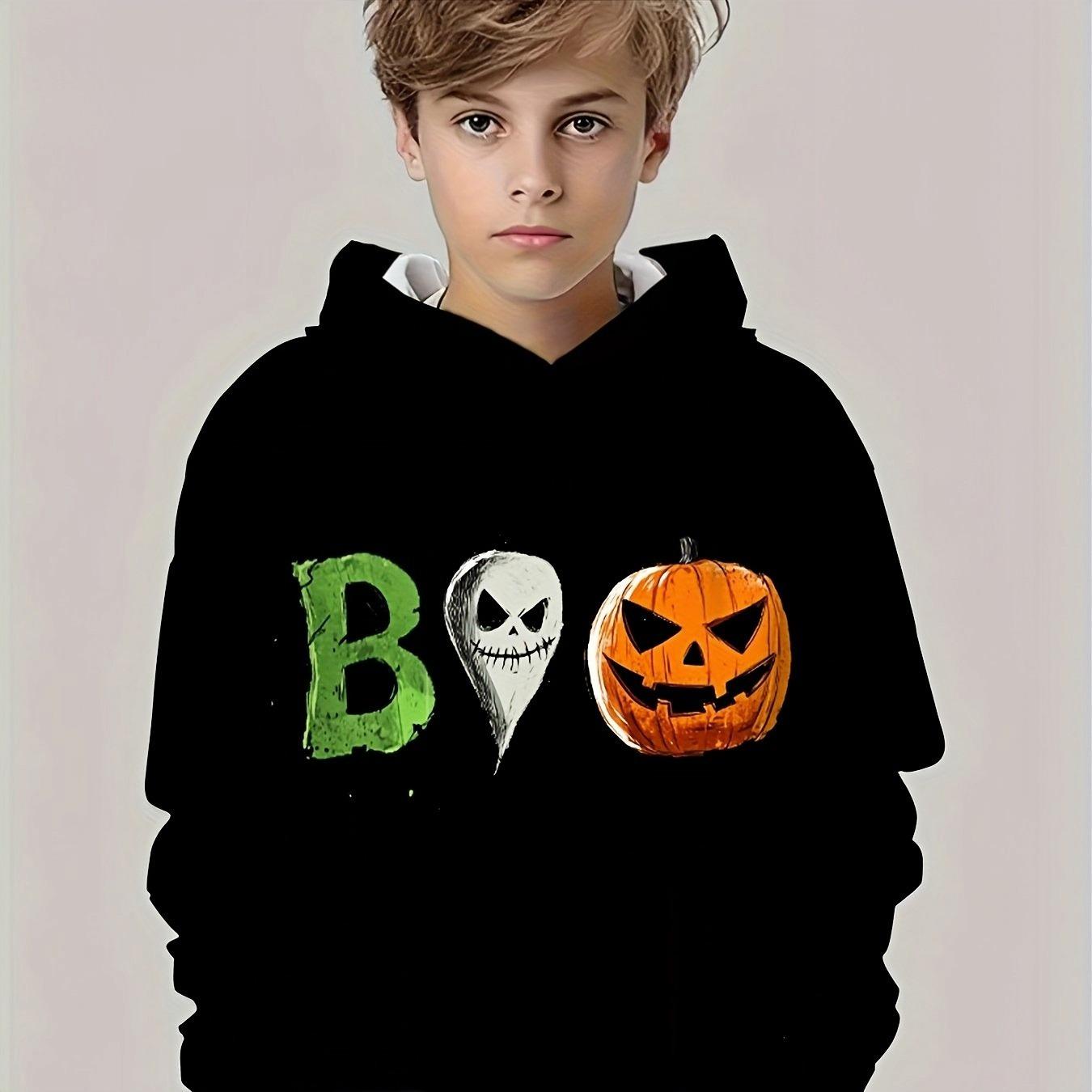 

Simple and stylish Halloween cartoon letter pumpkin element printed hoodie, casual autumn and winter 13-14Y