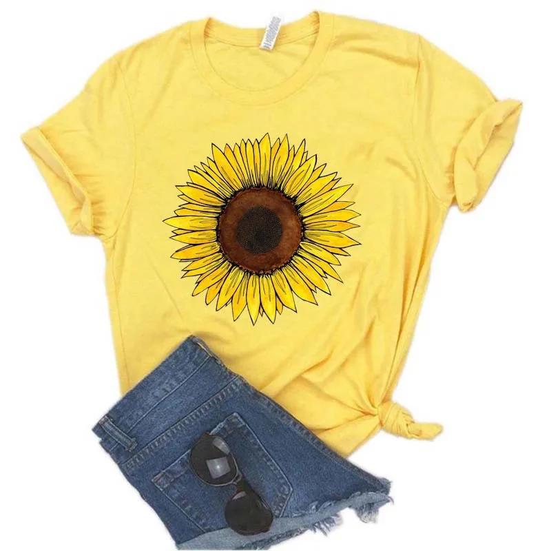 Golden Sunflower Print Women T Shirt Short Sleeve O Neck Loose Women Tshirt Ladies Tee Shirt Tops Clothes Camisetas Mujer