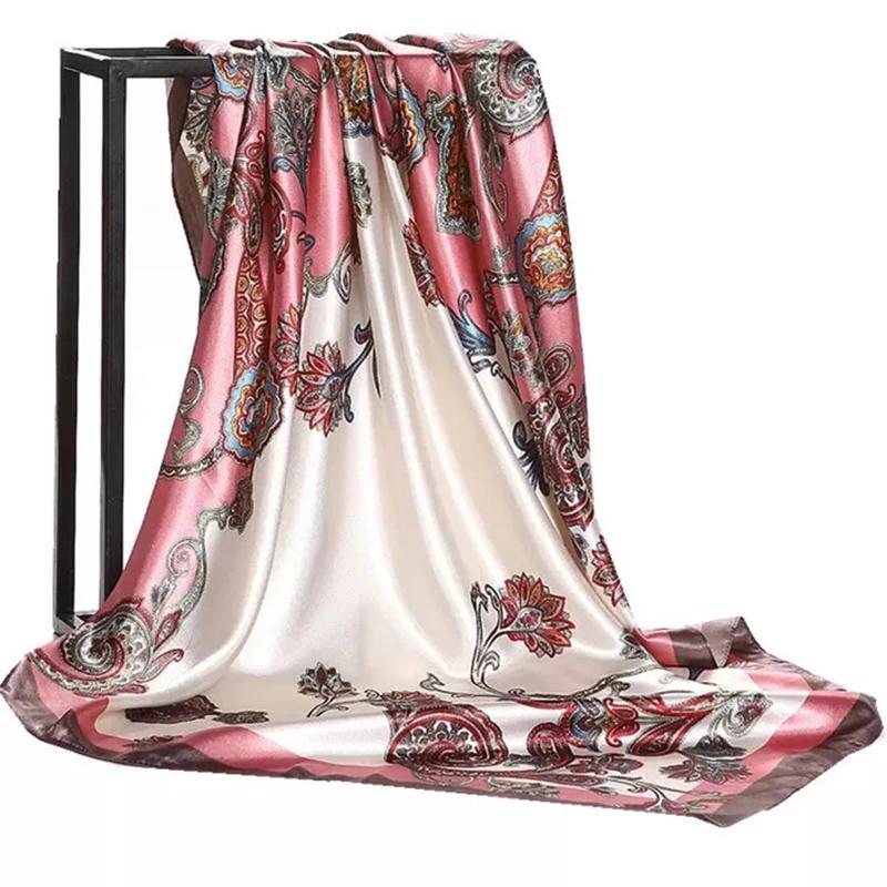 90*90Cm Satin Scarf For Women Cashew Flower Print Chain Scarf Spring And Summer  Style Shawl Scarf For Women   Style