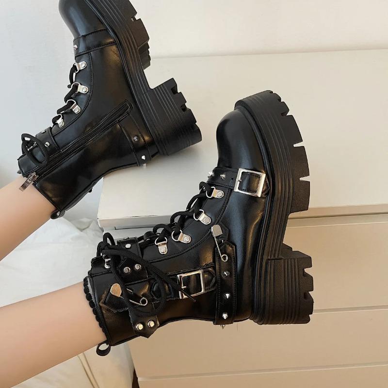 New Women's Rivet Chain Design Short Boots Gothic Shoes Street Fashion Lady Rock Boots Metal Decor Punk Style Women Shoes
