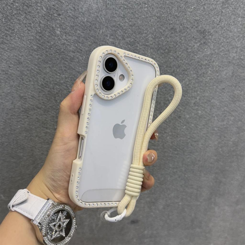 Shining Bling Diamond Transparent Phone Case For iPhone 16 16E 15 14 13 12 11 Pro Max 16Plus 16Pro With Wristband Lanyard Cover