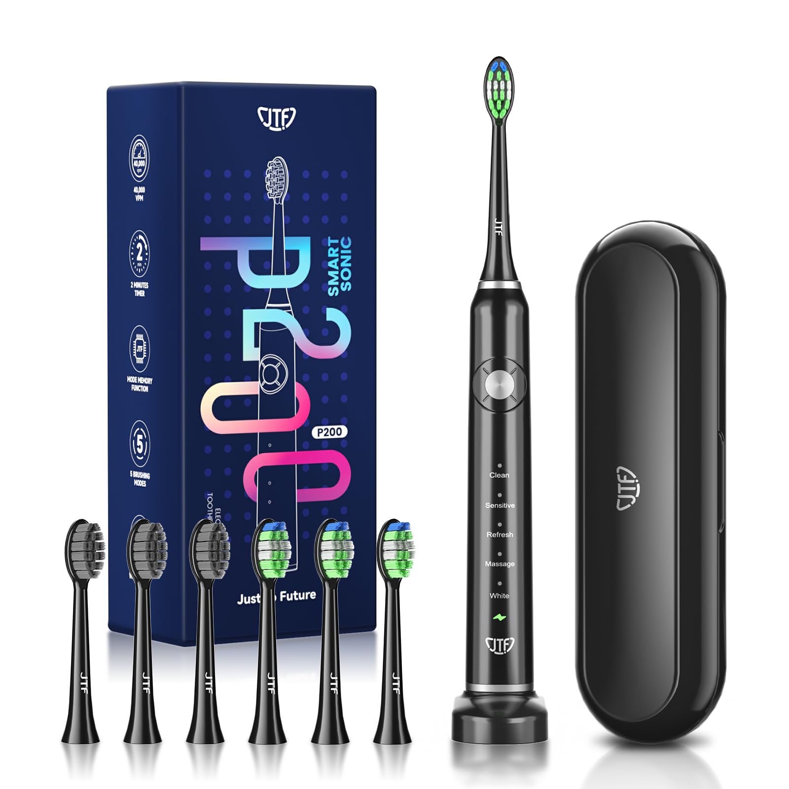 

JTF P200 Electric Sonic Toothbrush with 6 Replacement Travel 5 Cavity USB Charging IPX7 Perfect Gift Heads, Case, Modes, Prevention, Rechargeable,